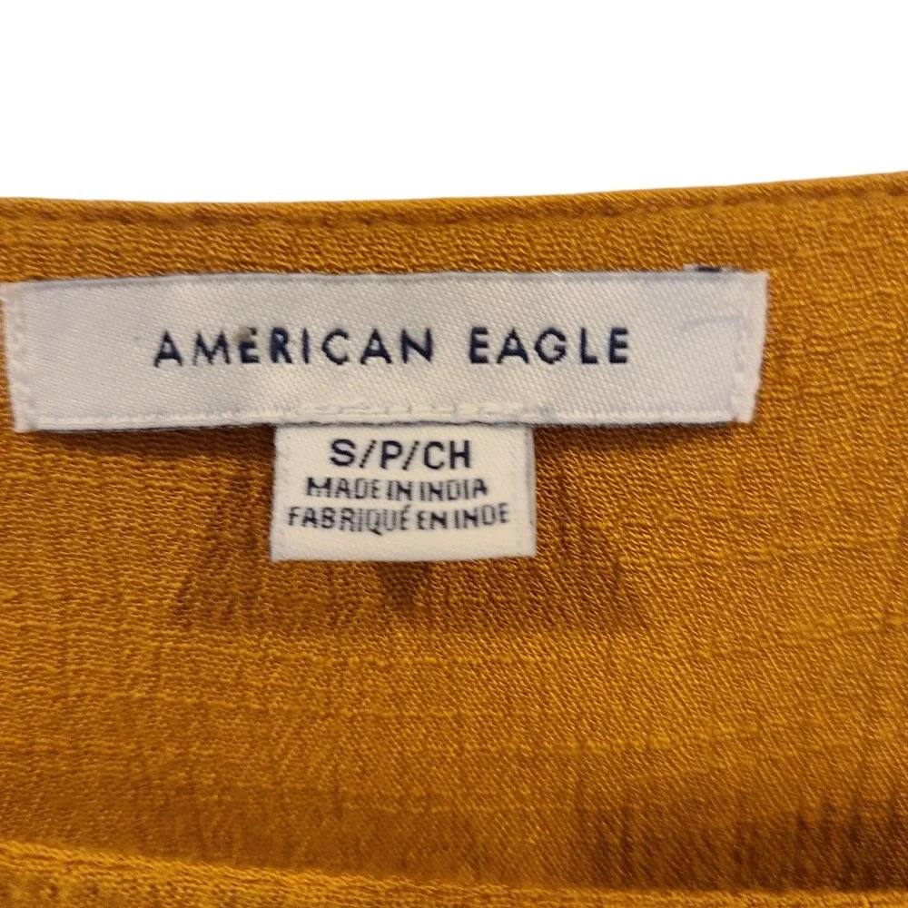 AMERICAN EAGLE Yellow Peasant Top Small Cropped Embroidered Square Neck Boho - Picture 5 of 6